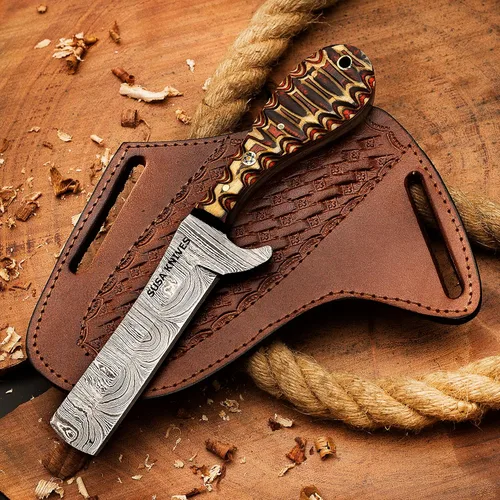 Miniatura 8 de Cuchillo Cortador de Toro de Acero Damasco Hecho a Mano, Cuchillo de Hoja Fija Vaquero, Mango de Madera, Cuchillo EDC Funda de Cuero PANCAKE Regalo