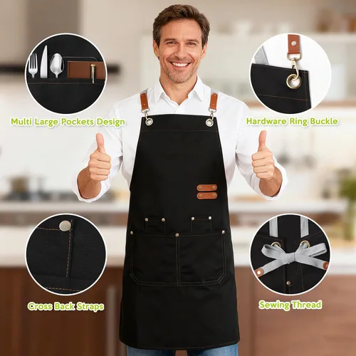 Miniatura 3 de GNDKDY Delantal de chef con bolsillos, delantal de trabajo negro para hombres y mujeres, delantales de cocinajardineríapeluquería para cocinar