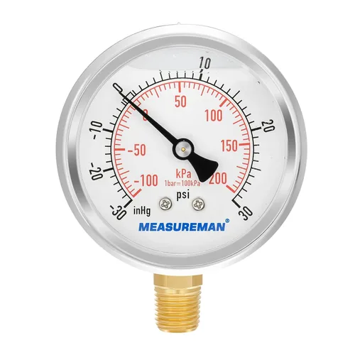 Miniatura 28 de MEASUREMAN - Manómetro de presión 1/4 NPT, manómetro de presión lleno de glicerina 0-100psi/kPa con esfera de 2.5 pulgadas y caja de acero