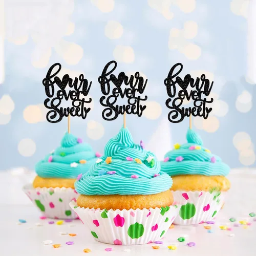 Miniatura 3 de Ercadio Paquete de 24 adornos para cupcakes y selecciones para baby shower y fiestas infantiles, decoraciones negras con purpurina