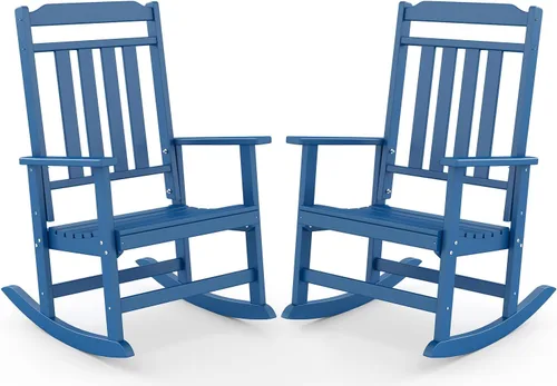 Miniatura 18 de GREENVINES Juego de 2 sillas mecedoras para exteriores Plástico HDPE Mecedoras de patio Silla mecedora de porche De gran tamaño Respaldo