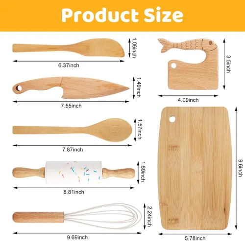 Miniatura 5 de Juego de 7 cuchillos de madera para niños pequeños, tabla de cortar y cuchillos para cocina real, herramientas de cocina Montessori para niños
