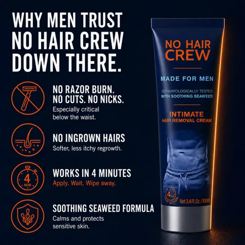 Miniatura 2 de No Hair Crew Crema depilatoria íntima/privada en casa para hombres, sin dolor, impecable, calmante para cabello corporal masculino grueso