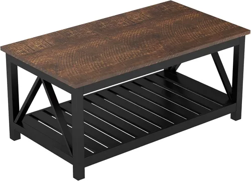 Miniatura 8 de Mesa de café ChooChoo negra, mesa rústica vintage con estante para sala de estar, 40 pulgadas