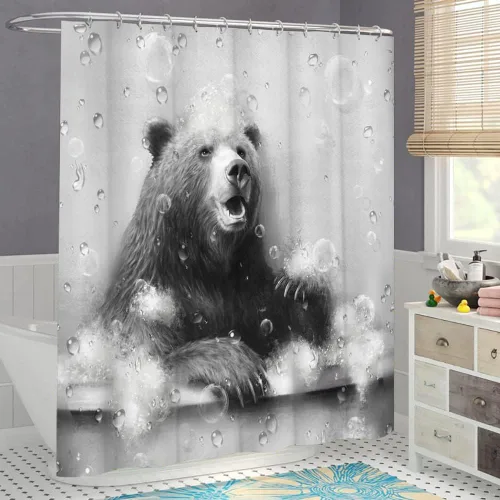 Miniatura 5 de KREATIVE ARTS Cortina de ducha con diseño de osos divertidos animales, decoración de bañera, casa de campo en blanco y negro, 72 pulgadas de ancho