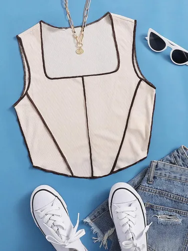 Miniatura 3 de SheIn Camiseta corta asimétrica Stitch sin mangas con cuello cuadrado para mujer