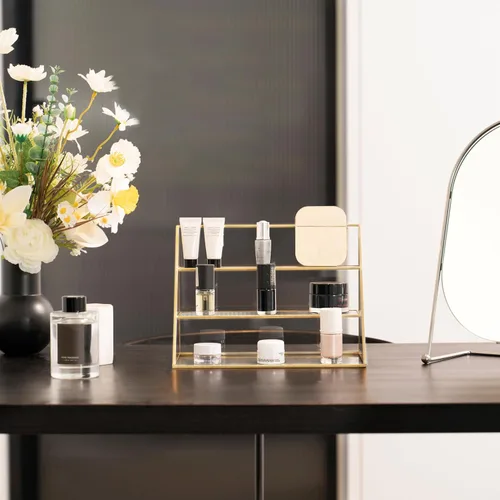 Miniatura 2 de FSyueyun Estuche organizador de maquillaje dorado, 3 capas de almacenamiento de maquillaje de vidrio, organizador de cosméticos, soporte de anillo