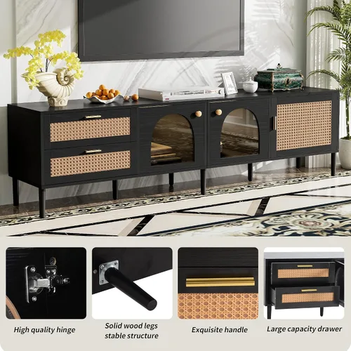 Miniatura 4 de JIVOIT Moderno soporte de TV de ratán para televisores de hasta 80 pulgadas, mesa consola inspirada en ratán con 3 gabinetes y 2 cajones, armario