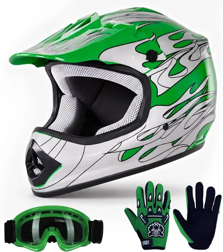 TCT-MOTORPARTS - Casco para niños o jóvenes con lentes y guantes, modelo de llama verde, aprobado por el DOT, para motocross, cuatrimoto, bicicleta