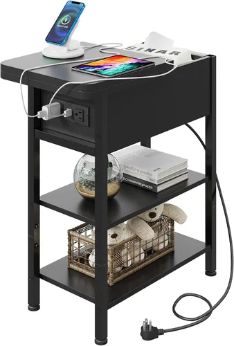 Miniatura 8 de WLIVE Mesa auxiliar con estación de carga, mesa auxiliar estrecha con estante de almacenamiento, mesita de noche pequeña con puertos USB y tomas