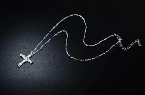 Miniatura 5 de Barzel Cadena de cruz de ópalo creada chapada en oro rosa y oro blanco con colgante, Latón