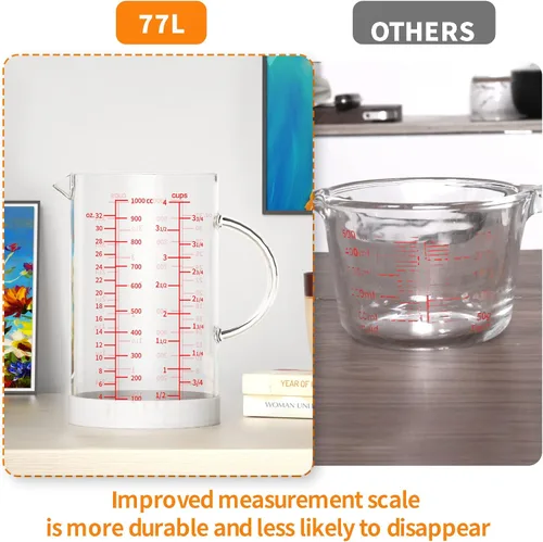 Miniatura 3 de 77L Vaso medidor de vidrio, 2 tazas/16.9 fl oz, taza medidora con mango y boquilla en forma de V, vaso de vidrio con tres escalas (OZ, taza, ML)