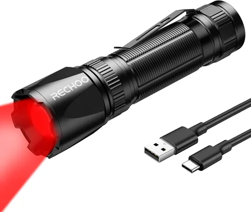 Linterna de luz roja RECHOO, linternas recargables de LED rojo de 3 modos de alta potencia con clip y cordón, linternas rojas zoomables y portátiles