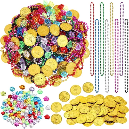 Miniatura 8 de Crowye Juego de 180 monedas falsas del tesoro pirata, gemas de plástico y collar de cuentas, juego de joyas para piratas, aventura, carnaval, Dorado