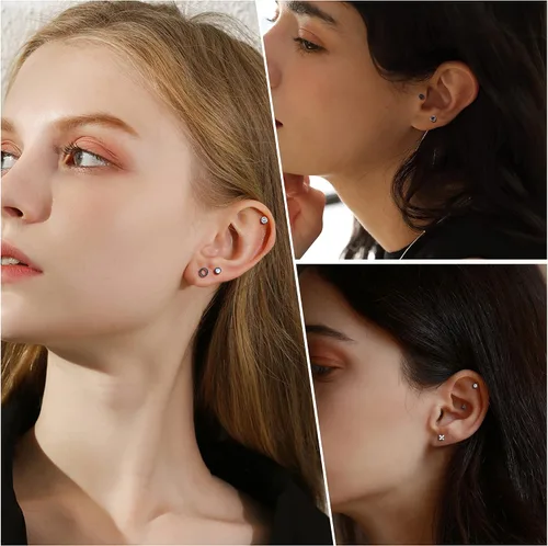 Miniatura 5 de TEN MIRO Juego de 18 pares de aretes pequeños para cartílago para mujeres y hombres, acero inoxidable 316L, 20G, cartílago, hélix, luna, estrella