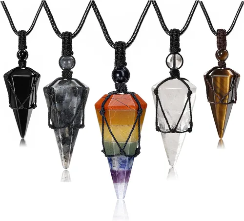 Top Plaza - Collar ajustable con dije de piedra natural puntiaguda de sanación Reiki de 6 caras tipo péndulo joyería para mujeres y hombres