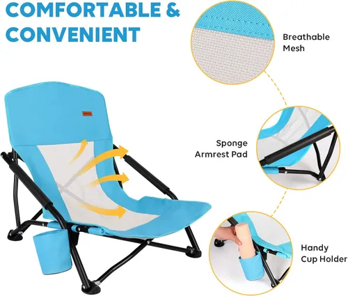 Miniatura 5 de TOBTOS Silla de playa baja para adultos, paquete de 2, plegable de perfil bajo con portavasos y bolsa de transporte, silla resistente para arena al