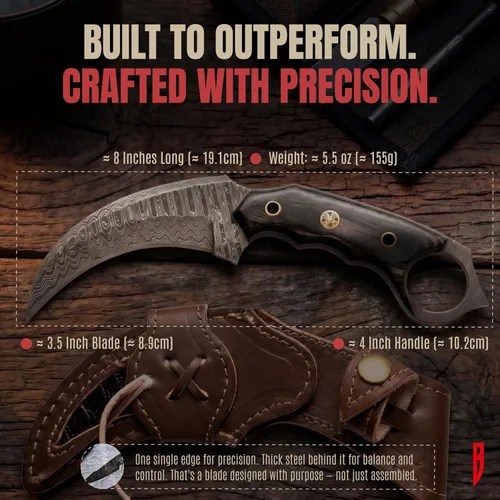 Miniatura 4 de BIGCAT ROAR Desert Fox - Cuchillo karambit de acero de Damasco hecho a mano de 7.5 pulgadas - Hoja fija curvada de espiga completa - Mango de madera