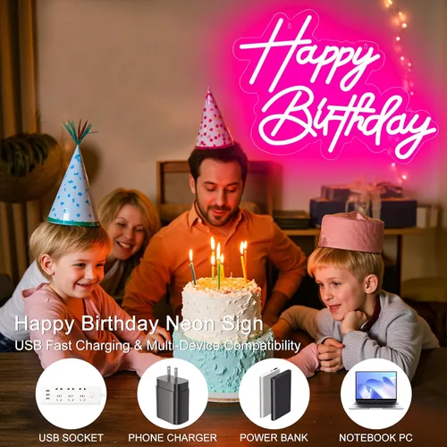 Miniatura 6 de Letrero de neón de feliz cumpleaños para decoración de pared, letrero de neón LED alimentado por USB con brillo regulable, ideal para fiestas