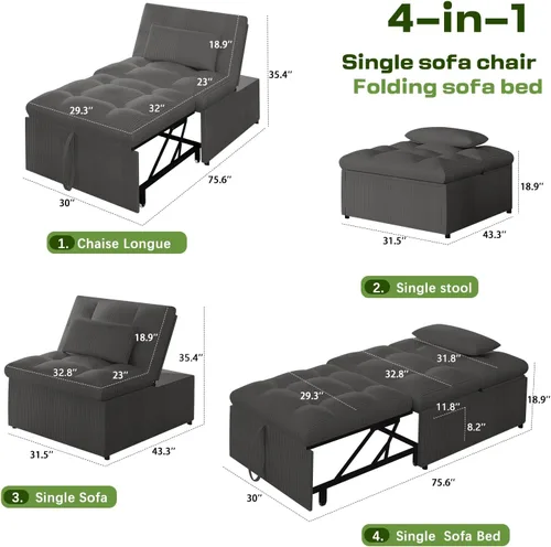 Miniatura 2 de Silla Cama Convertible 4 en 1 con Respaldo Ajustable, Almohadas, Sofá Cama Futón con Bolsillo Lateral, Silla Sofá Cama Desplegable, Sofás