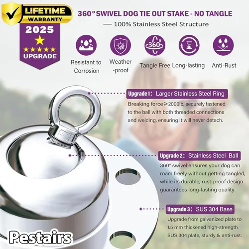 Miniatura 2 de Anclaje giratorio de 360° para perro de Cable y Estaca, Cuerda de 20 pies y Estaca a prueba de óxido para perro Pequeño, Mediano y Grande, perfecto