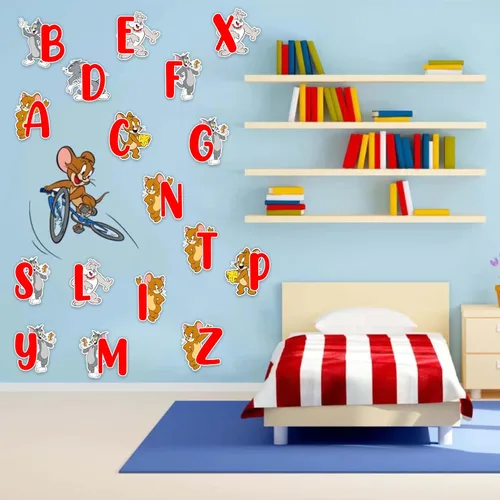 Miniatura 5 de Tom & Jery - Adhesivo decorativo para pared del alfabeto (A–Z), divertido alfabeto de dibujos animados para espacios de aprendizaje, calcomanías