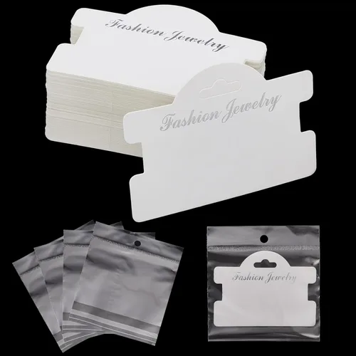 Fulmoon 100 tarjetas de exhibición de pulseras para vender joyas de 3.94 x 2.83 pulgadas, tarjetas colgantes con bolsas de 4.33 x 5.51 pulgadas para