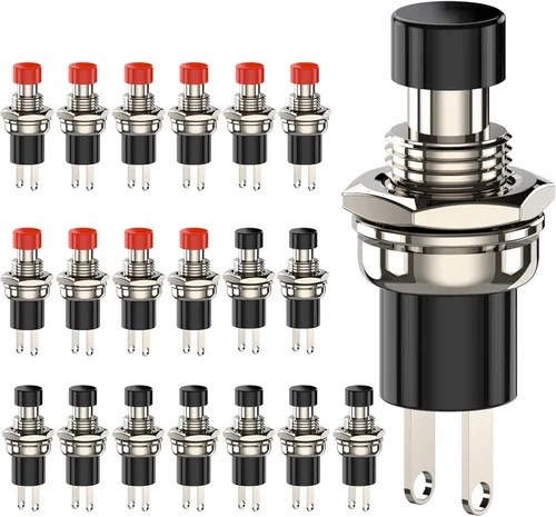 Miniatura 12 de Interruptor de botón momentáneo, 1A 250VAC SPST Mini interruptores de botón cerrado normal (NC) tapa negra y roja - 20 piezas