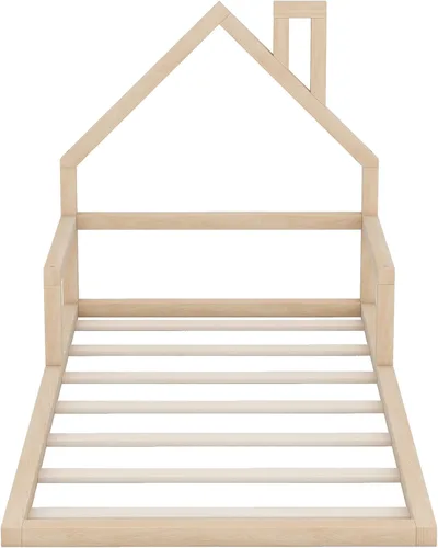Miniatura 5 de Harper & Bright Designs Cama de piso de casa tamaño individual para niños con cabecero, listones de madera, no necesita somier, natural Natural Con