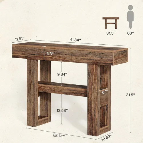 Miniatura 2 de Tribesigns Mesa consola de granja de 41.34 pulgadas, mesa de sofá estrecha de 2 niveles detrás del sofá, muebles de entrada con estantes de Marrón