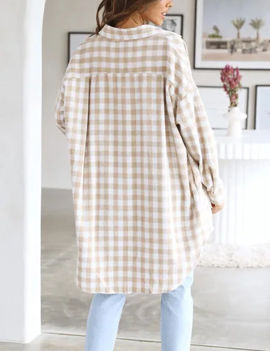 Miniatura 5 de Zontroldy Chaqueta corta de pana a cuadros para mujer, con botones, de manga larga, con botones, Marrón