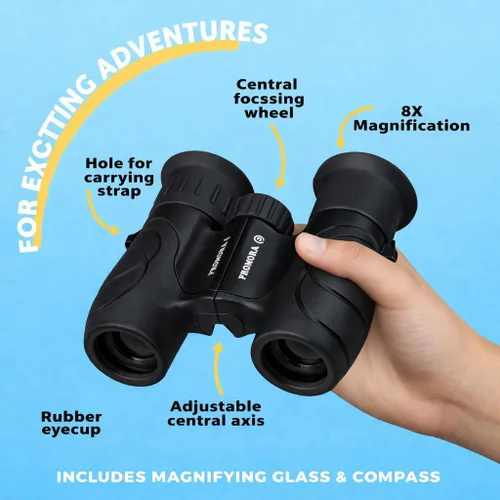 Miniatura 19 de Binoculares para niños – Juguete perfecto para niños pequeños y niñas – Juego extenso que incluye lupa y brújula – Potente aumento 8 x 21 – niños
