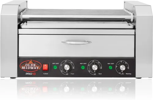 Miniatura 5 de Olde Midway Máquina eléctrica de 18 Hot Dog con 7 rodillos para parrilla con cajón de calentamiento de bollo, grado comercial, acero inoxidable