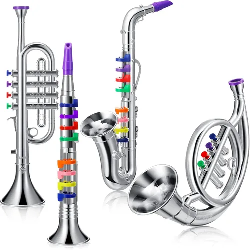 Miniatura 8 de Treela Juego de 4 instrumentos musicales para niños, clarinete de juguete saxofón, trompeta y trompeta para principiantes con más de 10 teclas