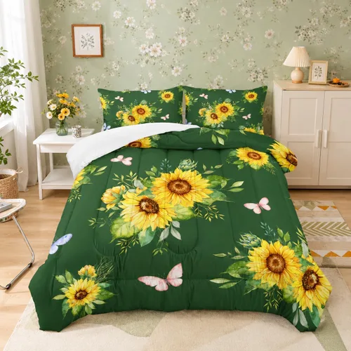 Miniatura 28 de Juego de edredón floral colorido de 3 piezas, juego de ropa de cama botánica bohemia tamaño queen, diseño boho de granja con flores y hojas impresas