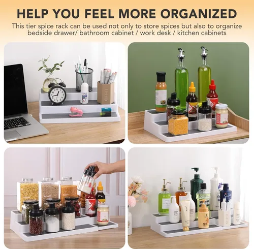 Miniatura 7 de CiWiVOKi Organizador de especias expandible de 3 niveles, estante de especias de plástico blanco/gris, longitud ajustable de 14.6 a 25.8 pulgadas