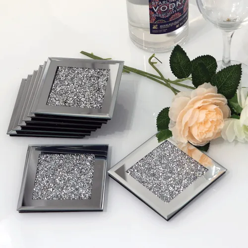 Miniatura 2 de GIMORRTO Posavasos de cristal con espejo de 8 piezas, taza cuadrada de diamante triturado de 4 pulgadas, decoración en la mesa para bar