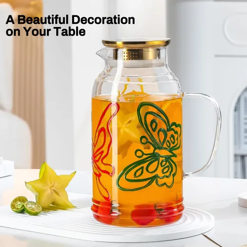 Miniatura 7 de Buaic Jarra de Vidrio con Tapa y Asa, PAQUETE DE 2 de 68 oz/2 Litros Jarra de Agua para Refrigerador con Diseño Vintage de Mariposa Pintado a Mano