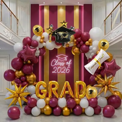 Miniatura 10 de Kit de arco de guirnalda de globos de graduación de 120 piezas con certificado de graduación, gorro de graduación, letra, globos de Mylar
