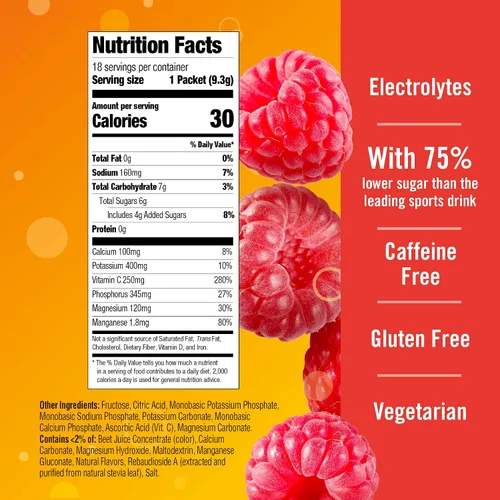 Miniatura 6 de Emergen-C Hydration+ - Mezcla de bebida deportiva con vitamina C (18 unidades, sabor a frambuesa), reposición de electrolitos, paquetes de polvo