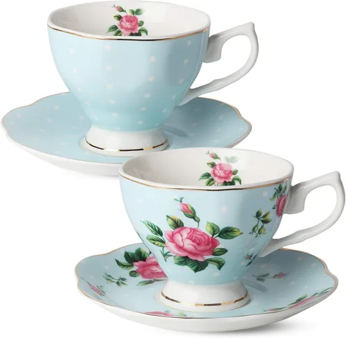 BTaT- Juego de 2 tazas de té y platillos florales, 8 onzas, juego de tazas de té de porcelana fina con ribete dorado para té de la tarde, bodas, Azul