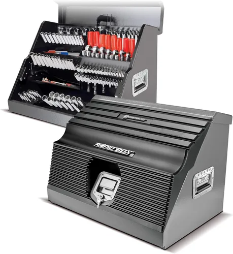 Powerbuilt Caja de herramientas portátil inclinada frontal de 26 pulgadas, portaherramientas escalonadas, acero de calibre 16, herrajes cromados,