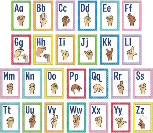 Carson Dellosa Pósteres ASL de 26 Piezas, 8.5" x 11" Decoración de Pared en Lenguaje de Señas Americano, Tarjetas del Alfabeto para Tablón de