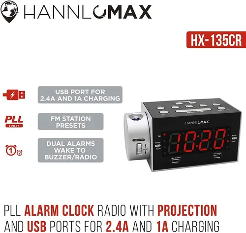 Miniatura 6 de HANNLOMAX HX-135CR - Radio despertador con proyección, radio FM PLL, alarma dual, puertos USB duales para carga de 2.4 A y 1A, pantalla LED roja