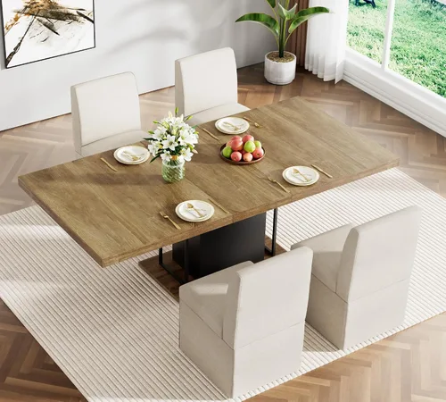 Miniatura 2 de Juego de mesa de comedor extensible para mesa de cocina extensible de 4, 5 piezas y 4 sillas de almacenamiento ocultas de lino tapizadas de madera