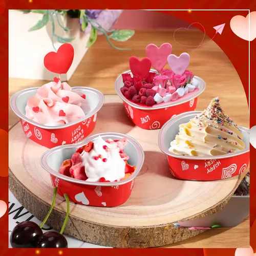 Miniatura 3 de Domensi Juego de 100 moldes de papel de aluminio en forma de corazón, mini tazas para cupcakes con tapas, molde para flan, desechables, para el día