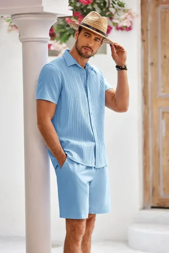 Miniatura 3 de COOFANDY Conjunto de ropa de lino azul para hombre, camisa de algodón de manga corta con botones y pantalones cortos de lino