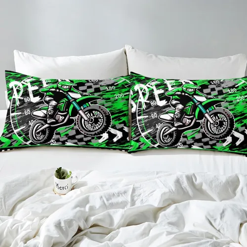 Miniatura 7 de Juego de funda de edredón verde fluorescente para motocross, juego de ropa de cama para deportes extremos para niños y niñas, funda de edredón