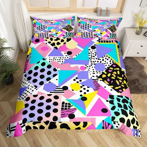 Juego de funda de edredón retro de los años 80 y 90 para hombres y niños, tamaño matrimonial, con formas geométricas redondas triangulares, funda de