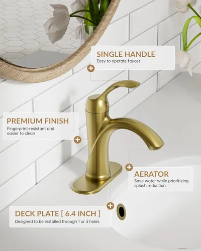 Miniatura 7 de Grifo de baño dorado, grifo de baño de un solo agujero, estilo vintage de granja con palanca de una sola manija para lavabo con drenaje desplegable
